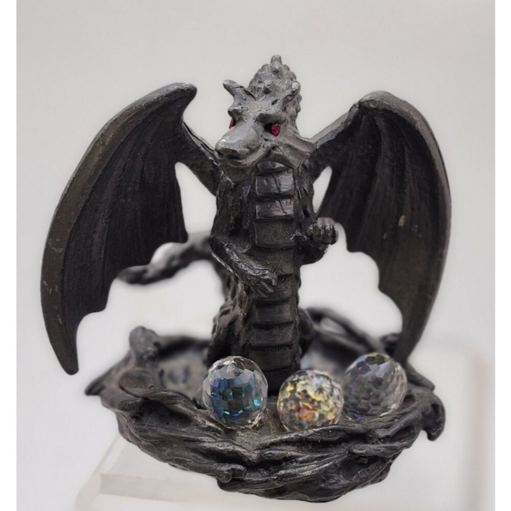 Vtg. 1984 Pewter DRAGON with 3 Crystal Eggs Figurine ~ Traumwelt by Crystallite
